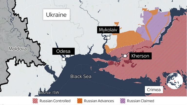 The latest map shows Kherson and the area around it as Russian controlled. Pic: ISW