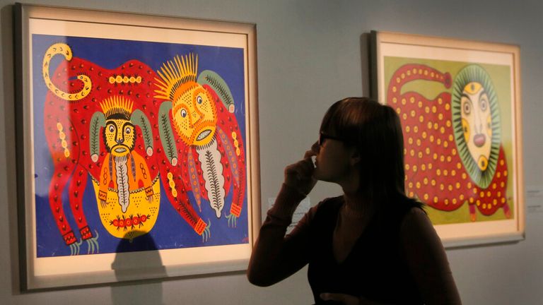 Some of Maria Prymachenko&#39;s other works are pictured at a museum in Kyiv in 2016. Pic: AP