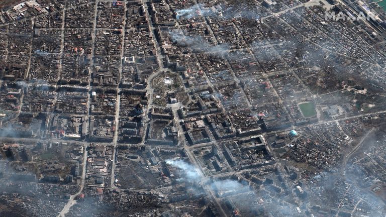 A satellite image shows an overview of Mariupol theater and surroundings, Ukraine, March 19, 2022. Credit: Maxar / Reuters