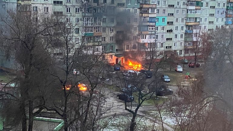 A fire breaks out in Mariupol at a residential area after shelling amid Russia&#39;s invasion of Ukraine