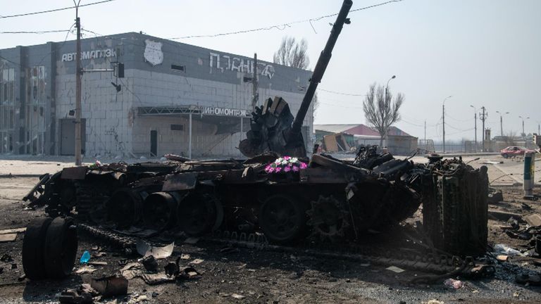 A destroyed tank in Mariupol. Pic: Maximilian Clarke