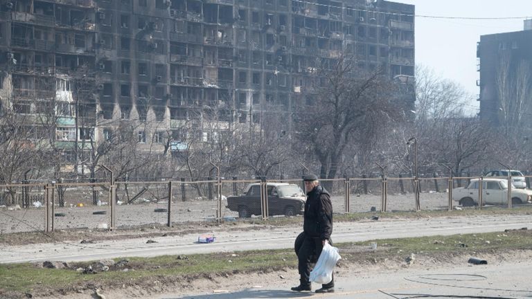 Burnt-out buildings in Mariupol. Pic: Maximilian Clarke