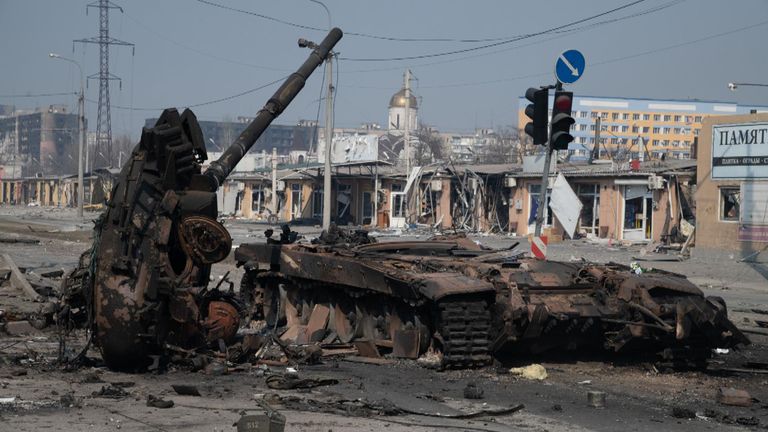 The remains of a tank in Mariupol. Pic: Maximilian Clarke