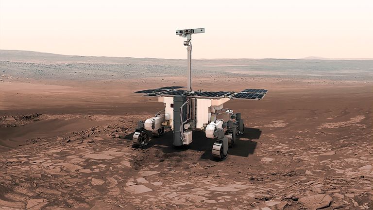 This undated artist rendition provided by the European Space Agency shows the ESA ExoMars robot on Mars. Because of the Russian invasion of Ukraine, Europe will no longer be attempting to send its first rover to Mars this year. The European Space Agency confirmed Thursday March 17, 2022 that it is indefinitely suspending its ExoMars rover mission with partner Roscosmos, Russia&#39;s state space corporation. (Thiebaut/ESA-AOES medialab via AP)
PICAP

