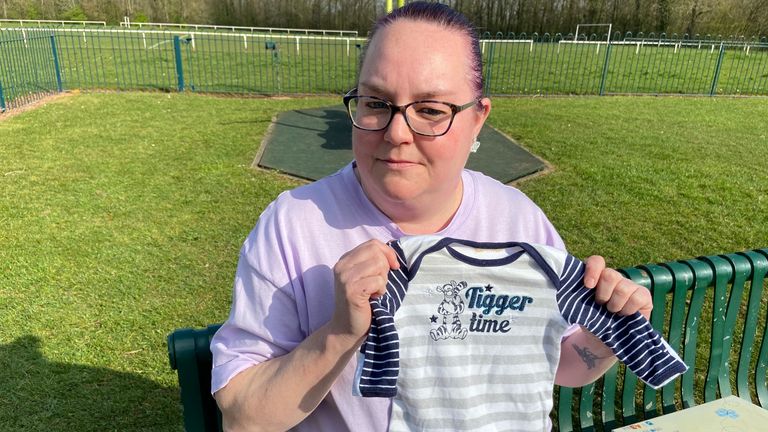 Hayley Matthews with the babygrow that her son Jack wore