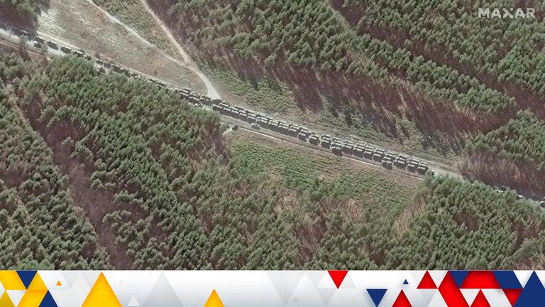 This satellite image provided by Maxar Technologies shows the northern end of a convoy at the southeast of Ivankiv, north west of Kyiv, Ukraine, Monday Feb. 28, 2022. (Satellite image ©2022 Maxar Technologies via AP)

PIC:MAXAR/AP
