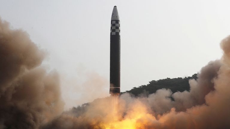 General view during the test firing of what state media report is a North Korean "new type" of intercontinental ballistic missile (ICBM)
