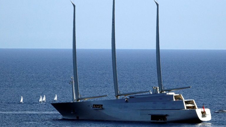 The 142.81 metre sail-assisted yacht in front of Monaco harbour in 2017