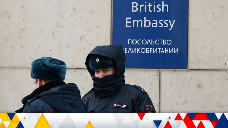 Russian policemen outside the British embassy in Moscow
