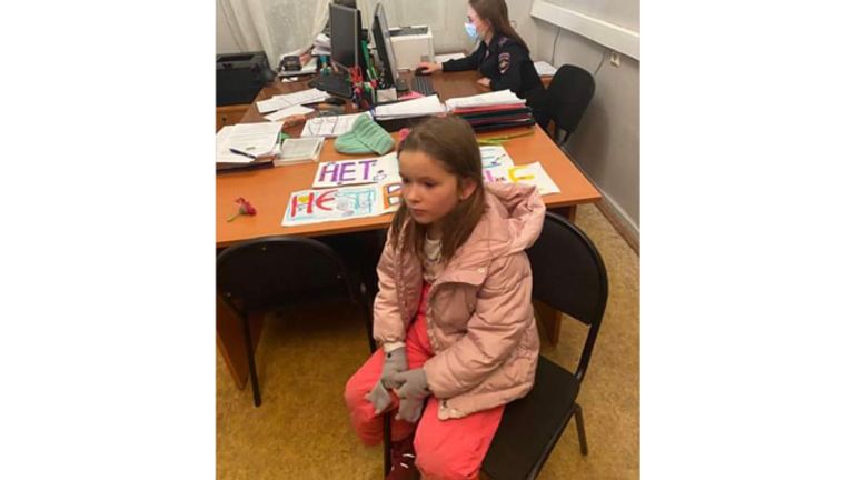 A group of children were detained with their mothers after laying flowers at the Ukrainian embassy in Moscow and having anti-war posters. Pic: Alexandra Arkhipova