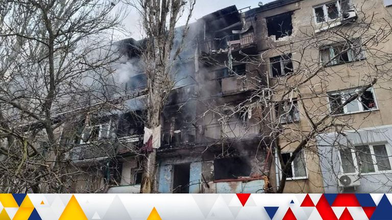 A view shows a residential building damaged by shelling, amid the Russian invasion of Ukraine, in Mykolaiv, Ukraine, in this handout picture released March 7, 2022. Press service of the State Emergency Service of Ukraine/Handout via REUTERS ATTENTION EDITORS - THIS IMAGE HAS BEEN SUPPLIED BY A THIRD PARTY.
