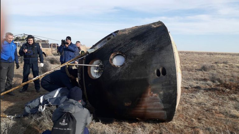 In this photo released by Roscosmos Space Agency, the Russian Soyuz MS-19 space capsule lies on the ground shortly after the landing southeast of the Kazakh town of Zhezkazgan, Kazakhstan, Wednesday, March 30, 2022. The Soyuz MS-19 capsule landed upright in the steppes of Kazakhstan on Wednesday with NASA astronaut Mark Vande Hei, Russian Roscosmos cosmonauts Anton Shkaplerov and Pyotr Dubrov. (Alexander Pantiukhin, Roscosmos Space Agency via AP)