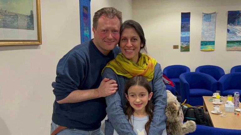 Nazanin Zaghari-Ratcliffe is reunited with her husband Richard and daughter Gabriella in the UK