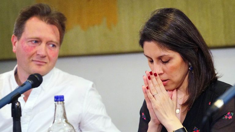 Nazanin Zaghari-Ratcliffe and Richard Ratcliffe during a press conference hosted by their local MP Tulip Siddiq , in the Macmillan Room, Portcullis House, London, following her release from detention in Iran last week. Picture date: Monday March 21, 2022.
