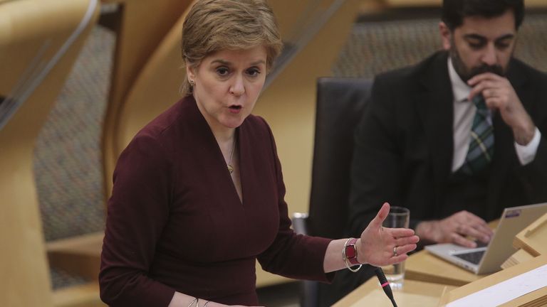 First Minister Nicola Sturgeon updates MSPs on any changes to the Covid restrictions at the Scottish Parliament Holyrood Edinburgh. Picture date: Tuesday March 15, 2022.
