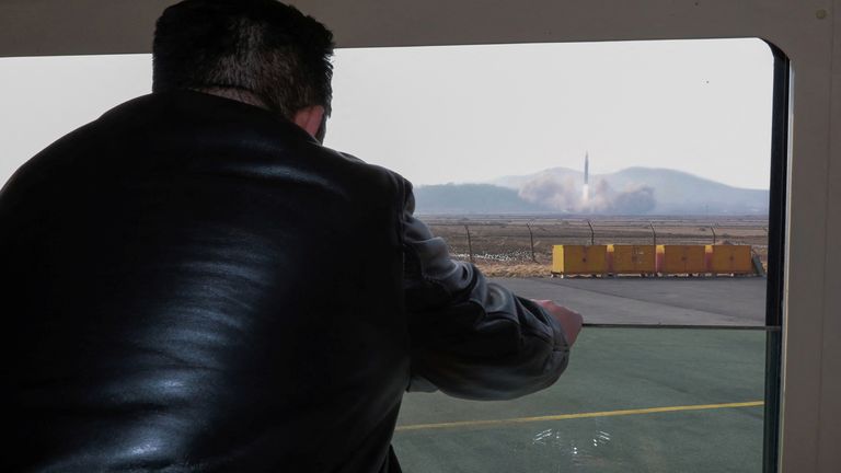 North Korean leader Kim Jong Un looks through a window during the test firing of what state media report is a "new type" of intercontinental ballistic missile (ICBM) in this undated photo released on March 24, 2022 by North Korea&#39;s Korean Central News Agency (KCNA). KCNA via REUTERS ATTENTION EDITORS - THIS IMAGE WAS PROVIDED BY A THIRD PARTY. REUTERS IS UNABLE TO INDEPENDENTLY VERIFY THIS IMAGE. NO THIRD PARTY SALES. SOUTH KOREA OUT. NO COMMERCIAL OR EDITORIAL SALES IN SOUTH KOREA.
