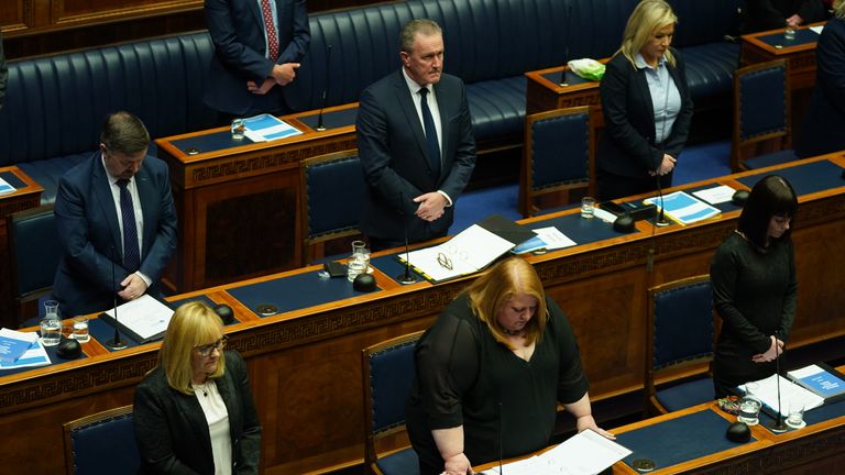 Ministers take part in minute's silence ahead in the Northern Ireland Assembly chamber at Stormont before the delivery of the long-awaited public apology to the victims of historical institutional abuse. The public apology was recommended in the final report of the Historical Institutional Abuse Inquiry (HIAI), which was published more than five years ago. Picture date: Friday March 11, 2022.
