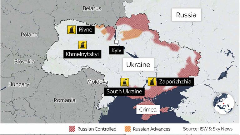 ロシアが管理する地域とウクライナの4つの原子力発電所の場所。 