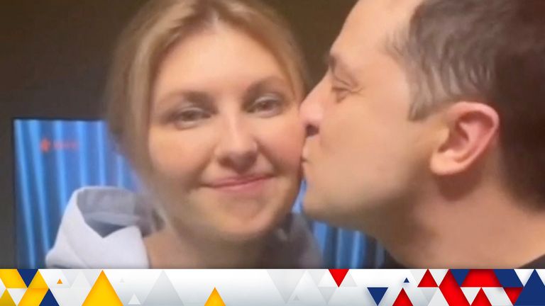 Ukraine&#39;s President Volodymyr Zelenskiy kisses his wife Olena Zelenska&#39;s cheek on Valentine&#39;s Day as they record a message in Kyiv, Ukraine February 14, 2022