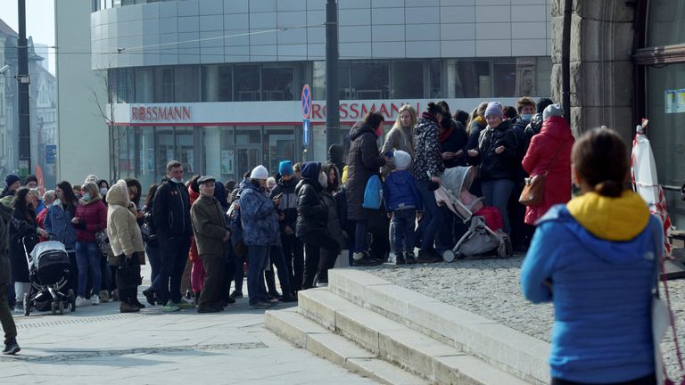 Refugees who fled Russia&#39;s invasion of Ukraine wait in a queue to obtain Polish national identification number (PESEL) in Olsztyn, Poland, March 16, 2022. Robert Robaszewski/Agencja Wyborcza.pl via REUTERS ATTENTION EDITORS - THIS IMAGE WAS PROVIDED BY A THIRD PARTY. POLAND OUT. NO COMMERCIAL OR EDITORIAL SALES IN POLAND.
