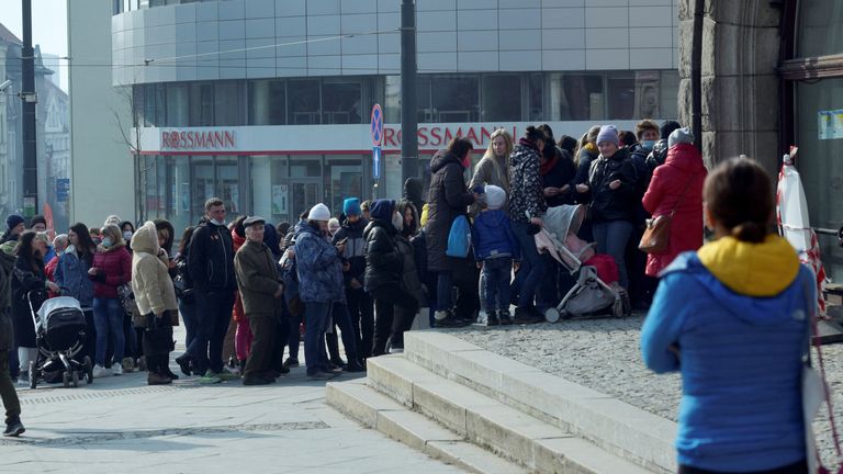 Refugees who fled Russia&#39;s invasion of Ukraine wait in a queue to obtain Polish national identification number (PESEL) in Olsztyn, Poland, March 16, 2022. Robert Robaszewski/Agencja Wyborcza.pl via REUTERS ATTENTION EDITORS - THIS IMAGE WAS PROVIDED BY A THIRD PARTY. POLAND OUT. NO COMMERCIAL OR EDITORIAL SALES IN POLAND.
