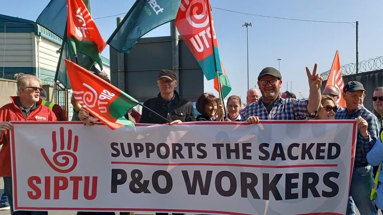 Irish trade unionists gathered outside the P&) Terminal at Dublin Port