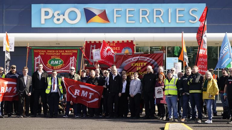 Protesters outside the P&O building at the Port of Hull, East Yorkshire, after P&O Ferries suspended sailings and handed 800 workers severance notices