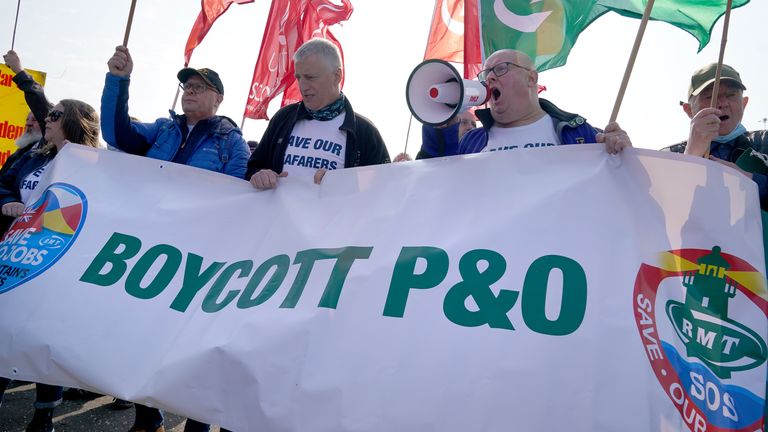 People take part in a demonstration against the dismissal of P&O workers organised by the Rail, Maritime and Transport (RMT) union at the P&O ferry terminal in Cairnryan, Dumfries and Galloway, after the ferry giant handed 800 seafarers immediate severance notices last week. Picture date: Wednesday March 23, 2022.