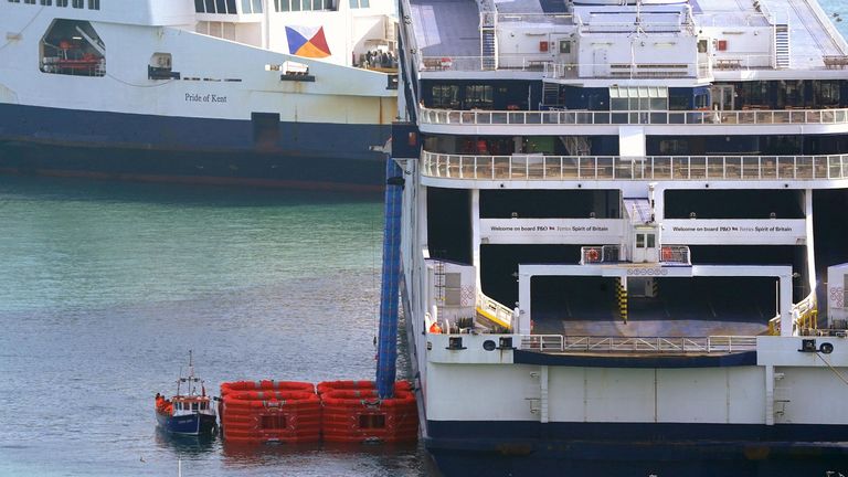 Drills are being carried out using safety chutes and life rafts on the side of the P&O Spirit of Britain ferry at the Port of Dover in Kent after the ferry giant handed 800 seafarers immediate layoff notices the week last and that the services remain suspended.  Picture date: Monday March 21, 2022.