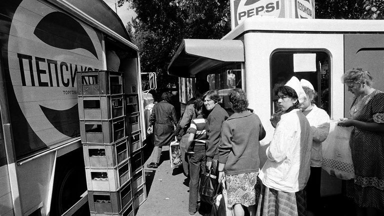 Moscow residents line up at one of the refreshment stands in the city where one can buy a Pepsi Cola, which is produced under license in the U.S.S.R., in Moscow, July 14, 1980.  Pic: AP