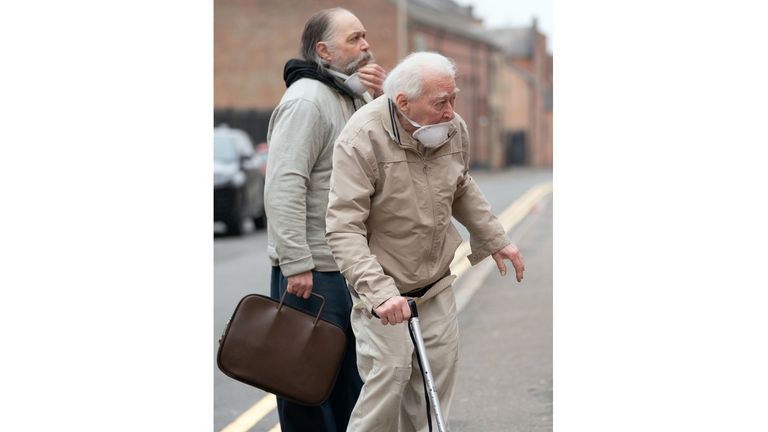 RETRANMSITTED CORRECTING FIRST NAME OF BURDETT SENIOR Previously unissued photo dated 30/3/2022 of father and son Ralph and Philip Burdett arriving at Leicester Crown Court where they are accused of causing the death of Julie Burdett at their Leicester home. The 61 year old immobile and vulnerable woman died in January 2019 in "horrific" conditions in a bedroom after her elderly father and brother failed to care for her or call medical help, a court has heard. Issue date: Thursday March 31, 2022