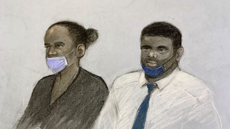 A court sketch of Phylesia Shirley and Kemar Brown appearing at the Old Bailey in London