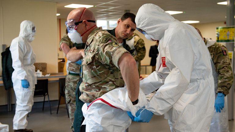 Members of the British Army learn how to apply PPE during training to support the Welsh Ambulance Service NHS Trust (WAST)