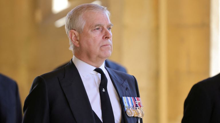 Prince Andrew looks on during his father&#39;s funeral