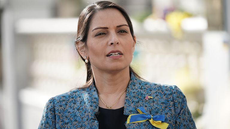 Home Secretary Priti Patel speaking to the media outside the Ukrainian embassy in London. Picture date: Sunday March 6, 2022.