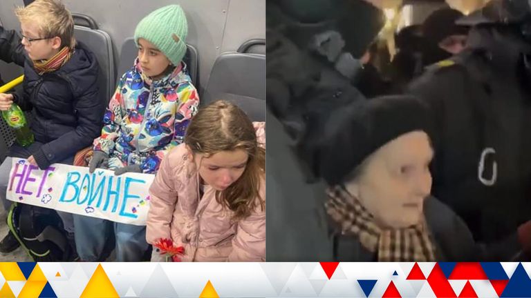 Children in Moscow and an elderly woman in St Petersburg are among the Russians to have been detained for protesting against the war. Pics: Alexandra Arkhipova and Ilya Yashin