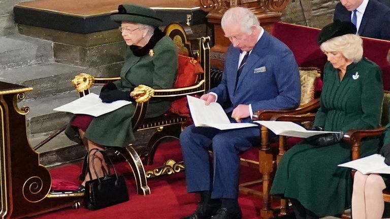(Front row left to right) Queen Elizabeth II, the Prince of Wales and the Duchess of Cornwall, the Princess Royal, Vice Admiral Sir Tim Laurence. (second row left to right) The Duke of Cambridge, Prince George, Princess Charlotte, the Duchess of Cambridge during a Service of Thanksgiving for the life of the Duke of Edinburgh, at Westminster Abbey in London. Picture date: Tuesday March 29, 2022.