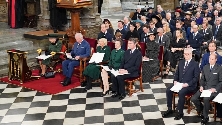 (Front row left to right) Queen Elizabeth II, the Prince of Wales and the Duchess of Cornwall, the Princess Royal, Vice Admiral Sir Tim Laurence, the Duke of York, The Earl of Wessex, the Countess of Wessex, Lady Louise Mountbatten-Windsor and Viscount Severn. (second row left to right) The Duke of Cambridge, Prince George, Princess Charlotte, the Duchess of Cambridge, Peter Phillips, Isla Phillips, Savannah Phillips, Mia Tindall, Zara Tindall and Mike Tindall during a Service of Thanksgiving for the life of the Duke of Edinburgh, at Westminster Abbey in London. Picture date: Tuesday March 29, 2022.
