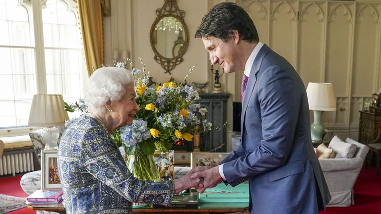 Queen Elizabeth II receives Canadian Prime Minister Justin Trudeau during an audience at Windsor Castle, Berkshire. Picture date: Monday March 7, 2022.
