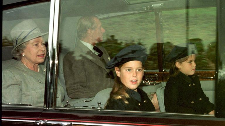 The Queen and Duke of Edinburgh with their grandchildren Princess Beatrice and Princess Eugenie en route to Crathie Kirk church for a memorial in memory of Diana, Princess of Wales