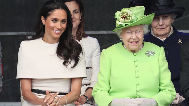Queen Elizabeth II and the Duchess of Sussex at their first royal outing since her marriage to Prince Harry in 2018