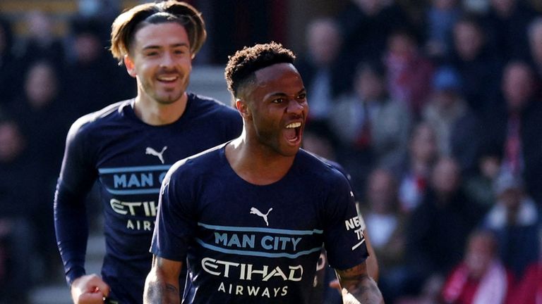 Raheem Sterling celebrates scoring City&#39;s opener against Southampton in the quarter-final