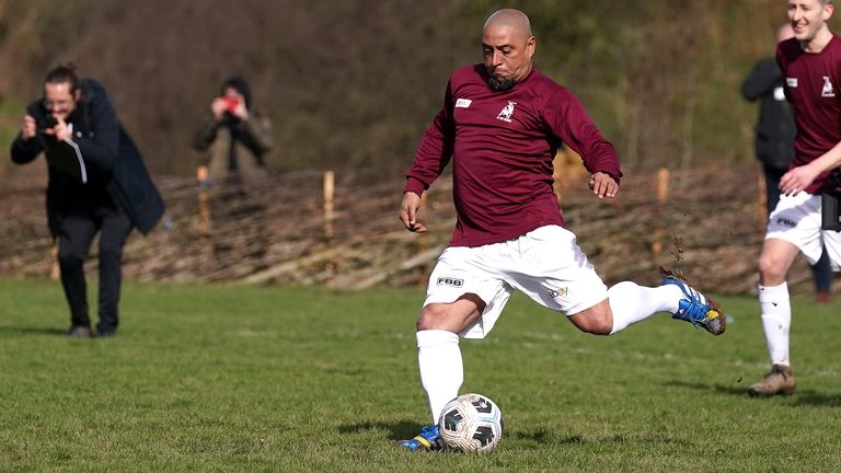Roberto Carlos scores a penalty kick for Bull In The Barne United in the match at the Hanwood Village Hall Recreation Centre, Shrewsbury. Picture date: Friday March 4, 2022.

