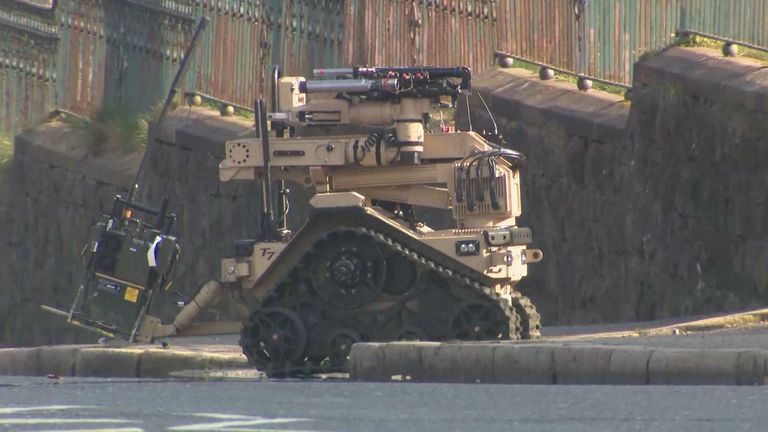 Bomb disposal robot enters the gates at an event after a suspect device caused a security alert.