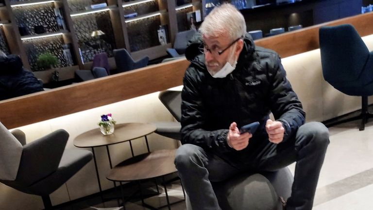 Sanctioned Russian oligarch Roman Abramovich stands in a VIP lounge before a jet linked to him took off for Istanbul from Ben Gurion international airport in Lod near Tel Aviv, Israel, March 14, 2022. REUTERS/Stringer
