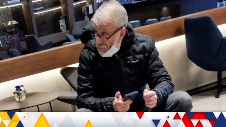 Sanctioned Russian oligarch Roman Abramovich sits in a VIP lounge before a jet linked to him took off for Istanbul from Ben Gurion international airport in Lod near Tel Aviv, Israel, March 14, 2022. REUTERS/Stringer.
