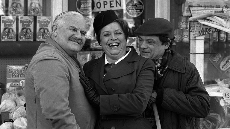 Fil ephoto dated 17/03/85 of (left to right) Ronnie Barker as A E Arkwright, co-stars Lynda Baron (Nurse Gladys) and David Jason (Arkwright&#39;s nephew/assisstant Granville) outside the shop during a break in filming Open All Hours in Doncaster. Actress Lynda Baron, best known for the BBC sitcom Open All Hours, has died at the age of 82, her agent has announced. Issue date: Monday March 7, 2022.
