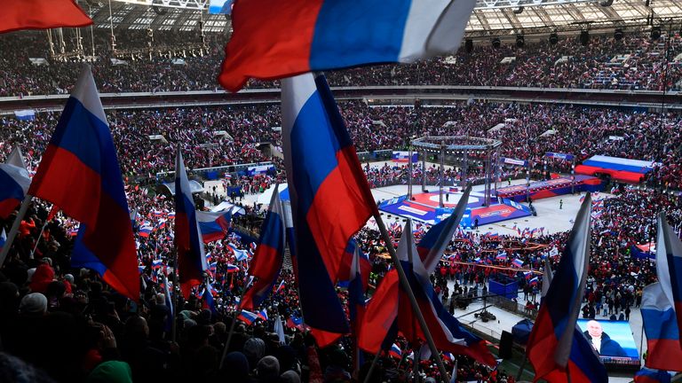 Russian President Vladimir Putin delivers his speech at the concert. Pic: AP