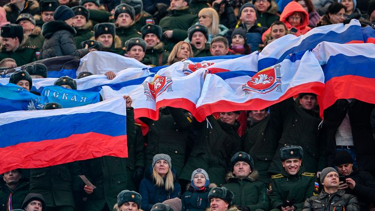 Russian military cadets and officers were among the crowds. Pic: AP