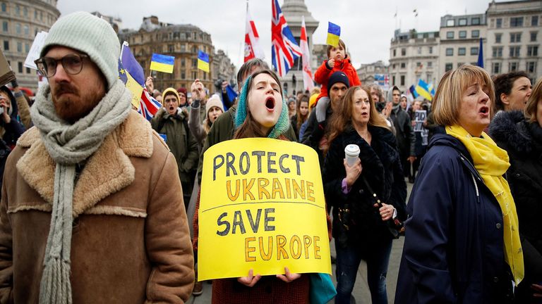 Thousands gather to take part in a protest against Russia&#39;s invasion of Ukraine in London. 